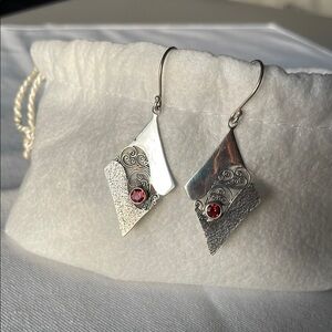 NOVICA Sterling Silver and Garnet Rhombus Dangle Earrings Indonesia